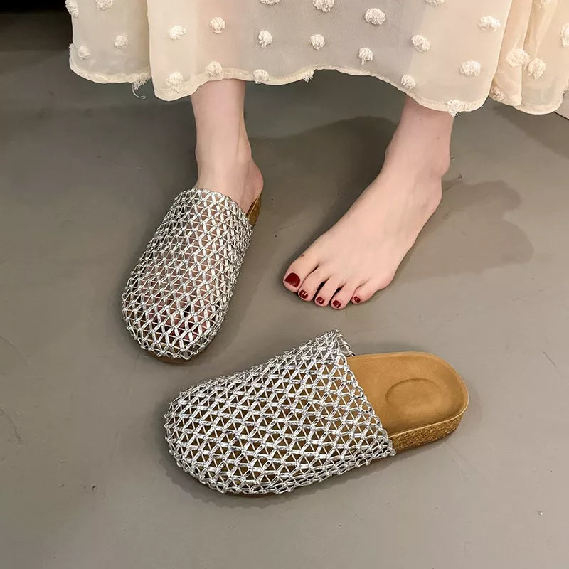 Silver woven mesh slip-on sandals with open back and low cork-look wedge