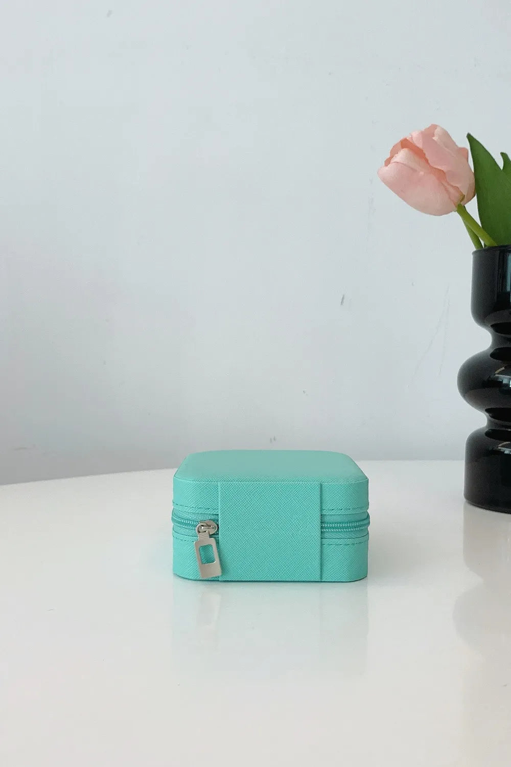 Turquoise PU leather square jewelry box with metal zipper pull