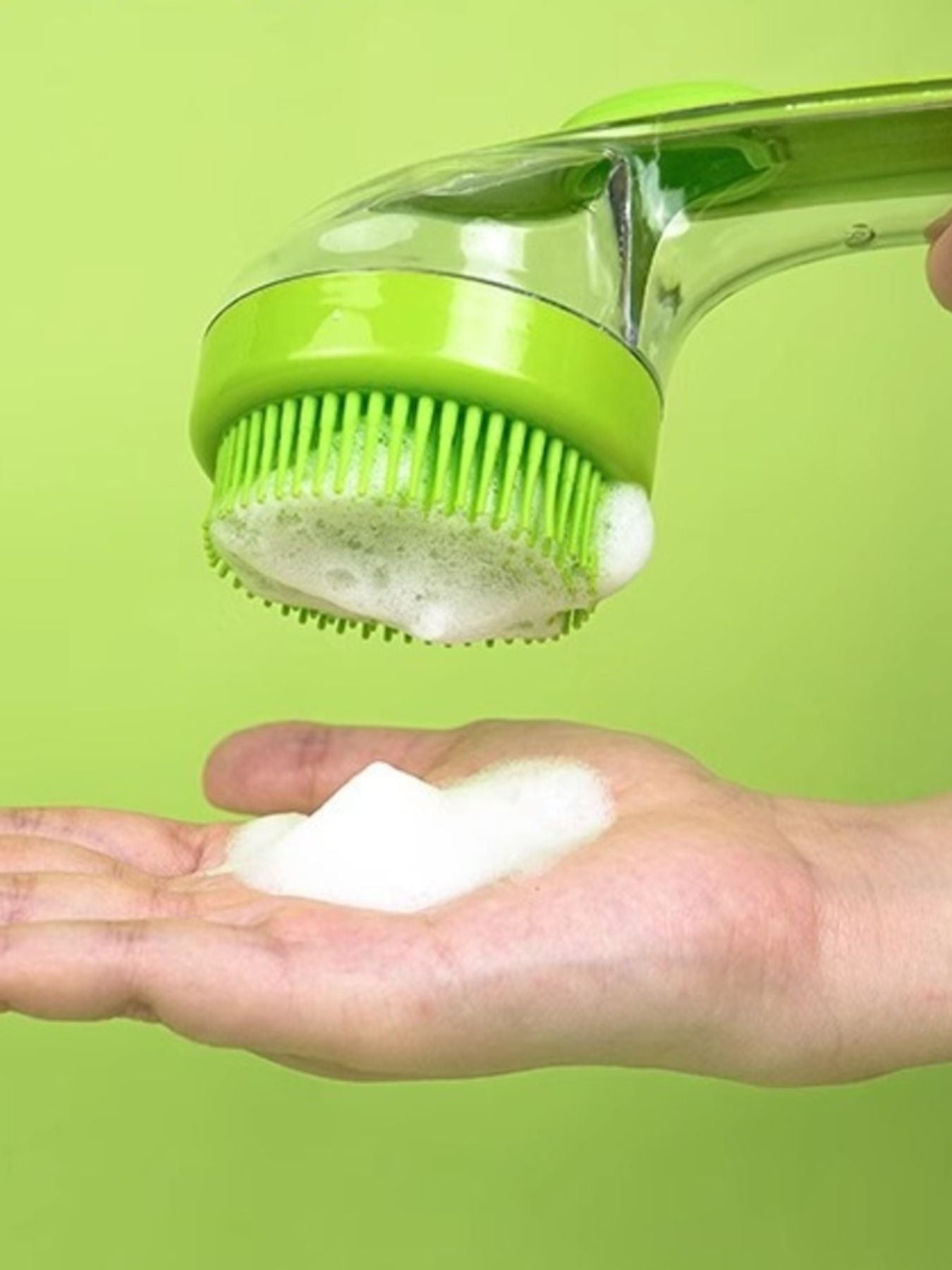 Lime green Soft Pet Shower Brush with foamy soap on the bristles
