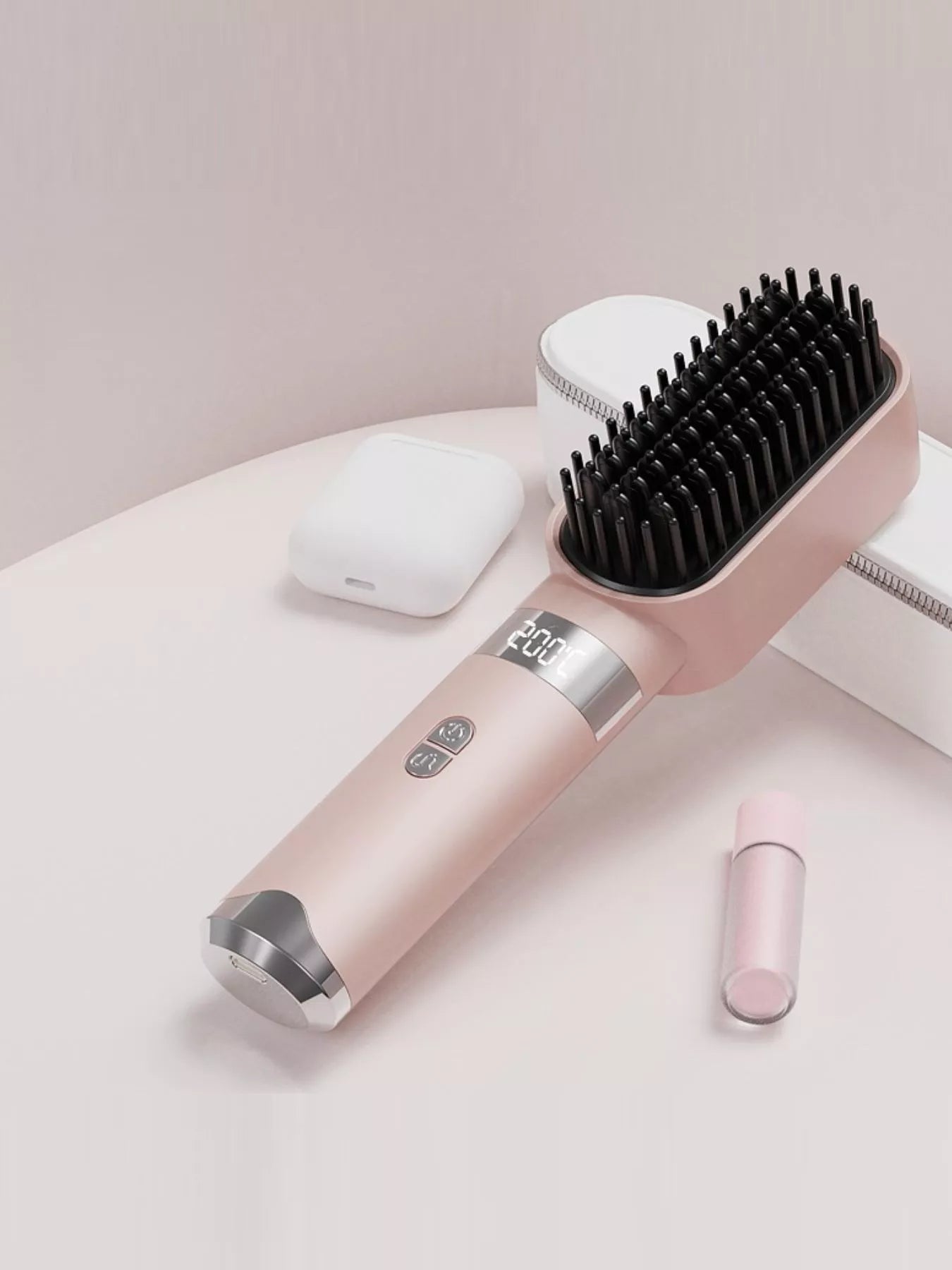 Watermelon pink straightening comb with LCD display, heated pins and smoothing base