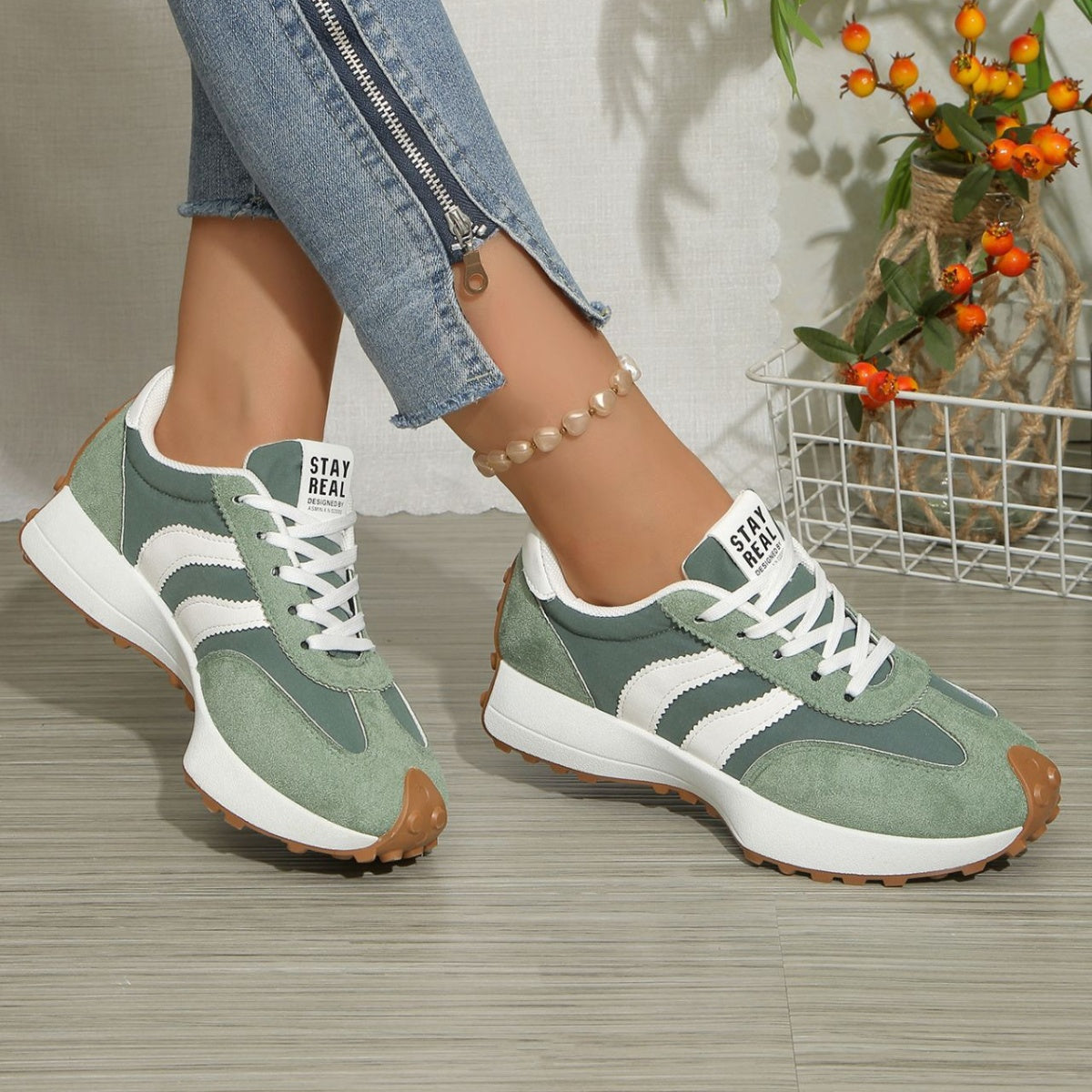 Round toe lace-up sneakers, green with white stripes and chunky outsole
