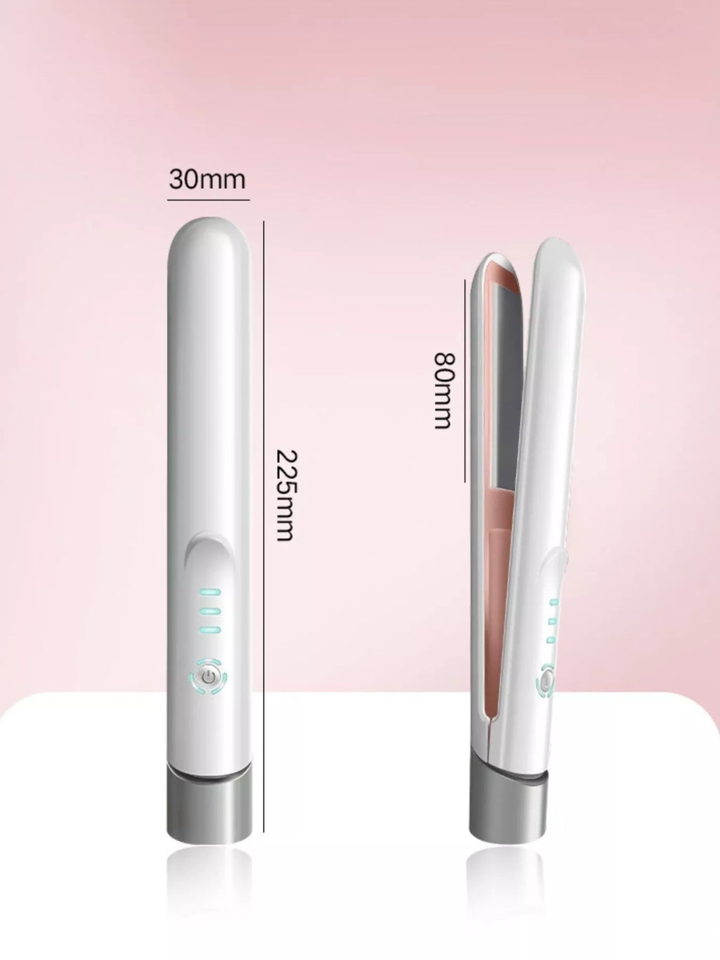 Portable cordless hair straightener: 30mm plate width, 80mm length, 22.5mm barrel