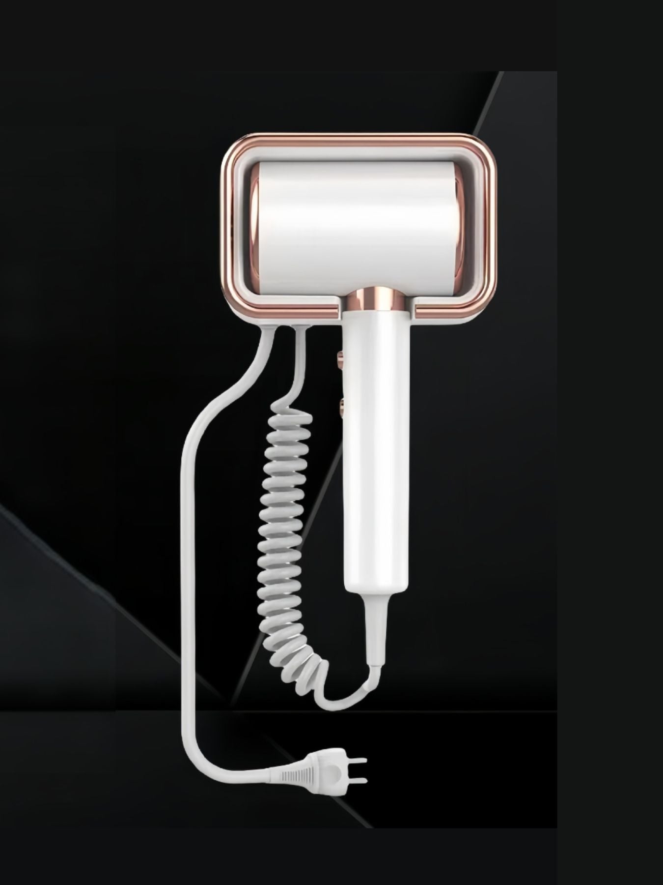 White multi-speed hair dryer with rose-gold air nozzle and coiled power cord