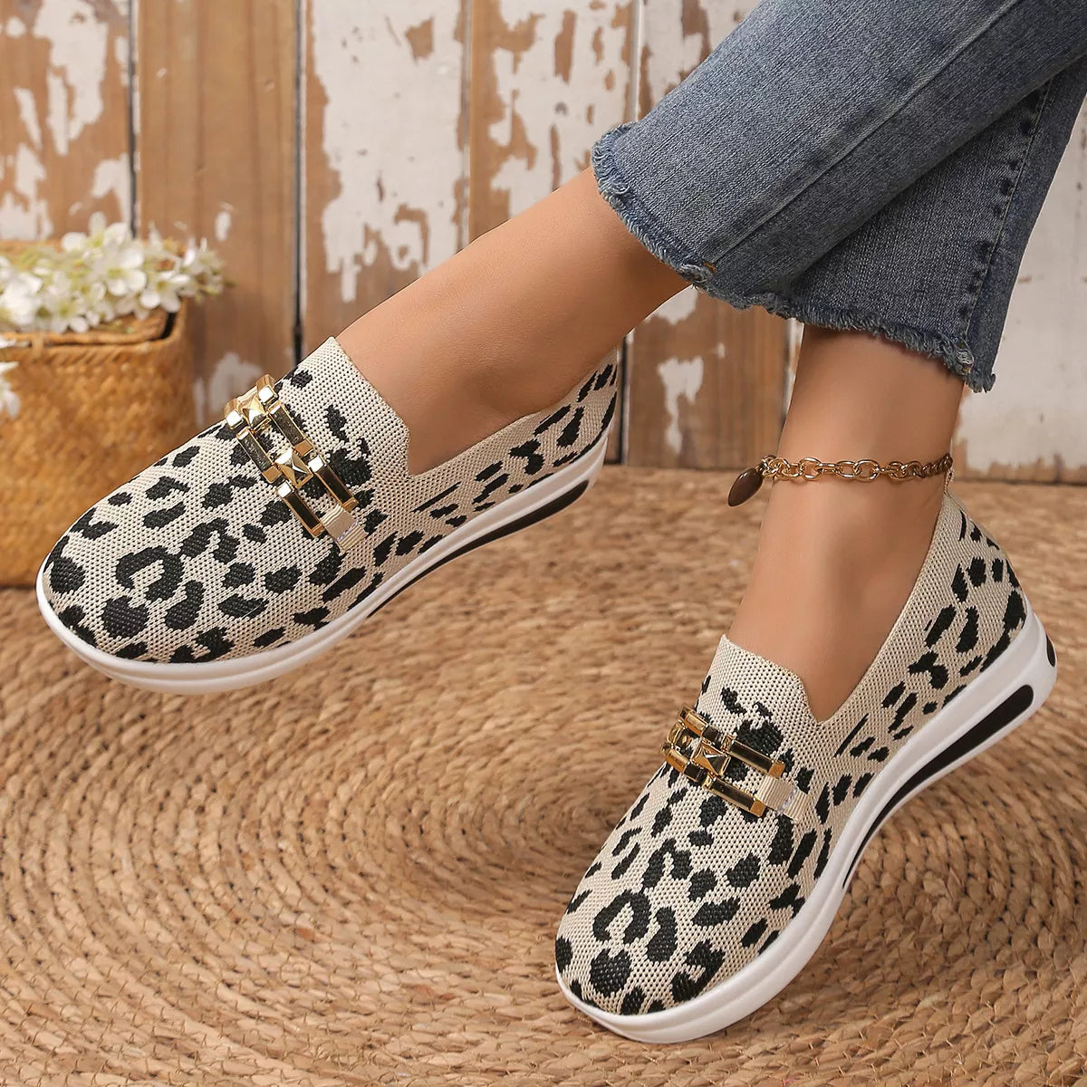 Leopard mesh slip-ons in gray with white sidewall and gold buckle strap