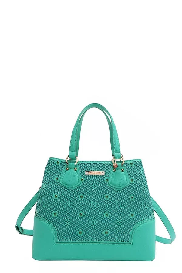 Emerald green monogram pattern handbag with rhinestone studs and shoulder strap