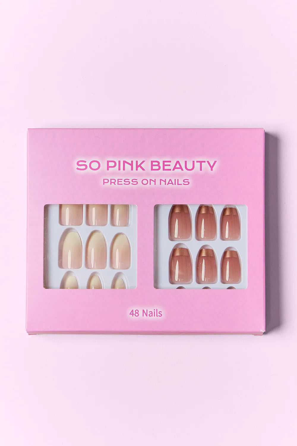 Press-on nails box with 48 nails: nude set and brown set shown in two trays