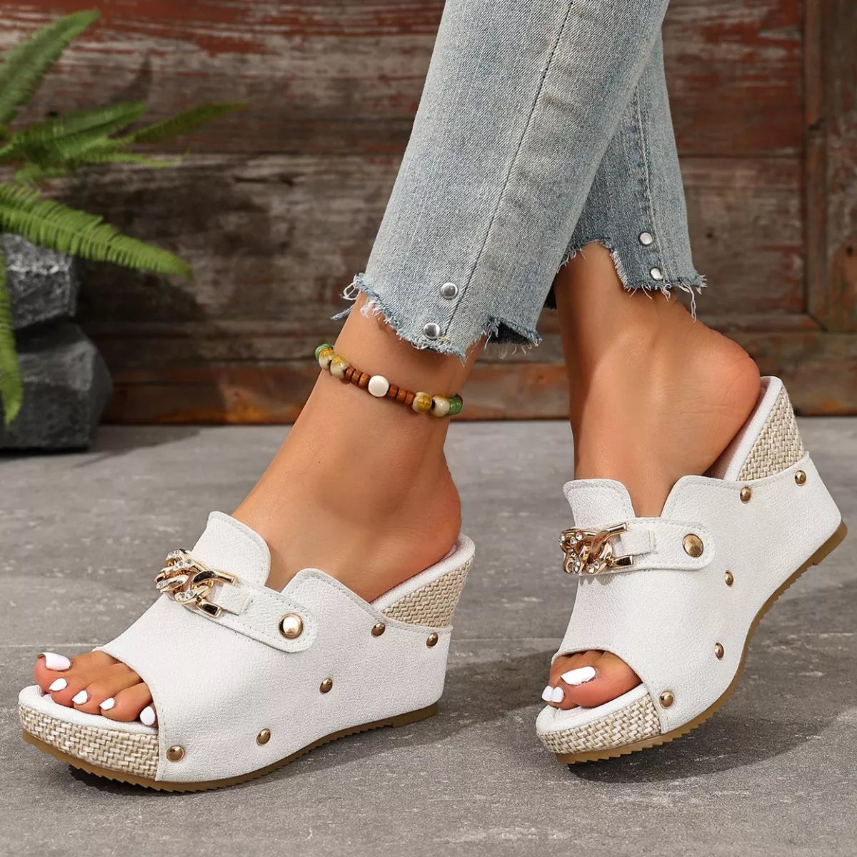 Beige open-toe wedge sandals, gold buckle detail and stud accents, platform sole