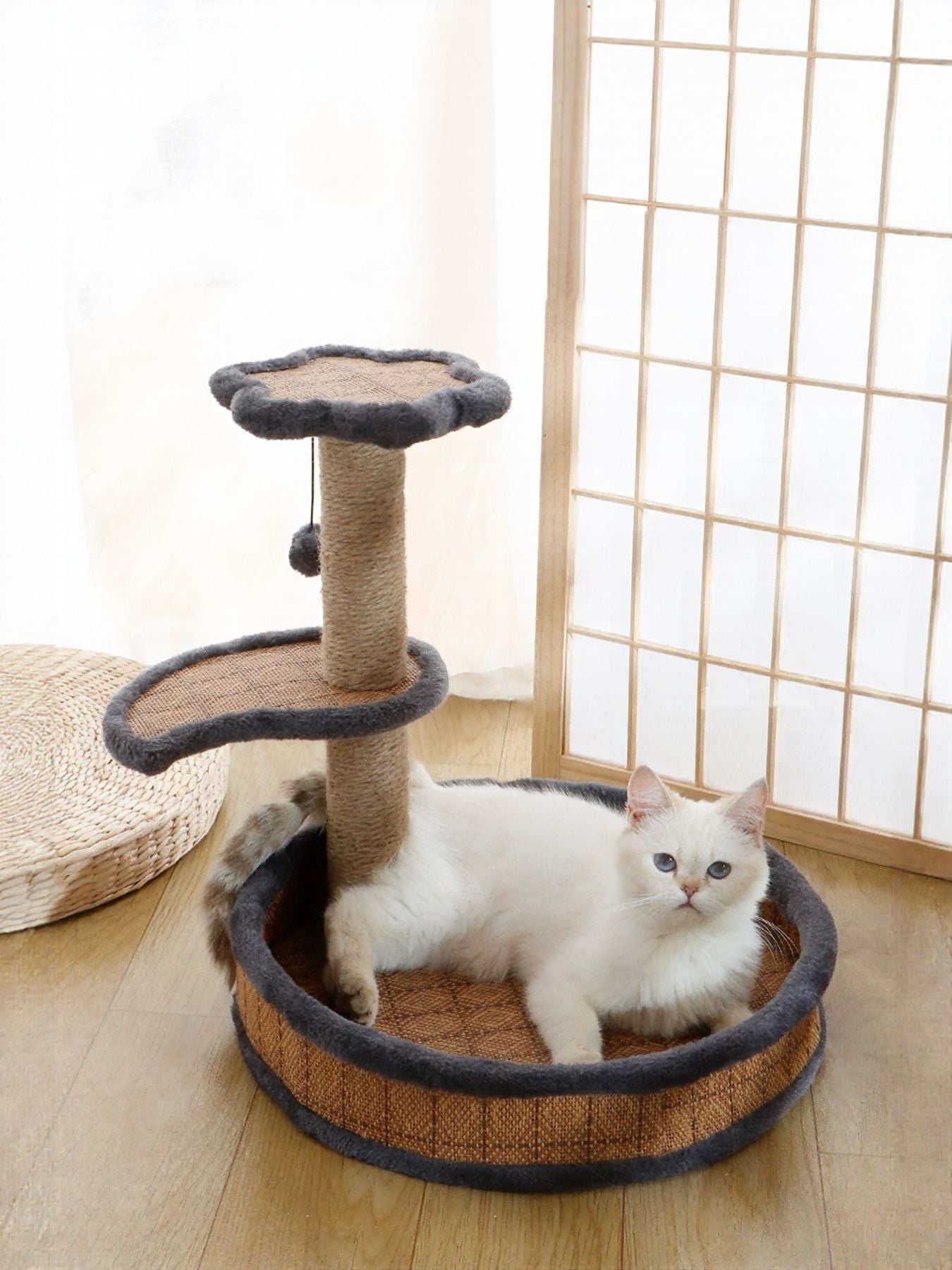 Cat scratching post with circular cat bed, dark gray edges, brown woven scratching surface