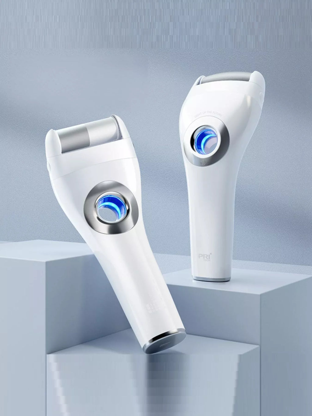 Two angles of a white electric foot nail buffer with blue LED light