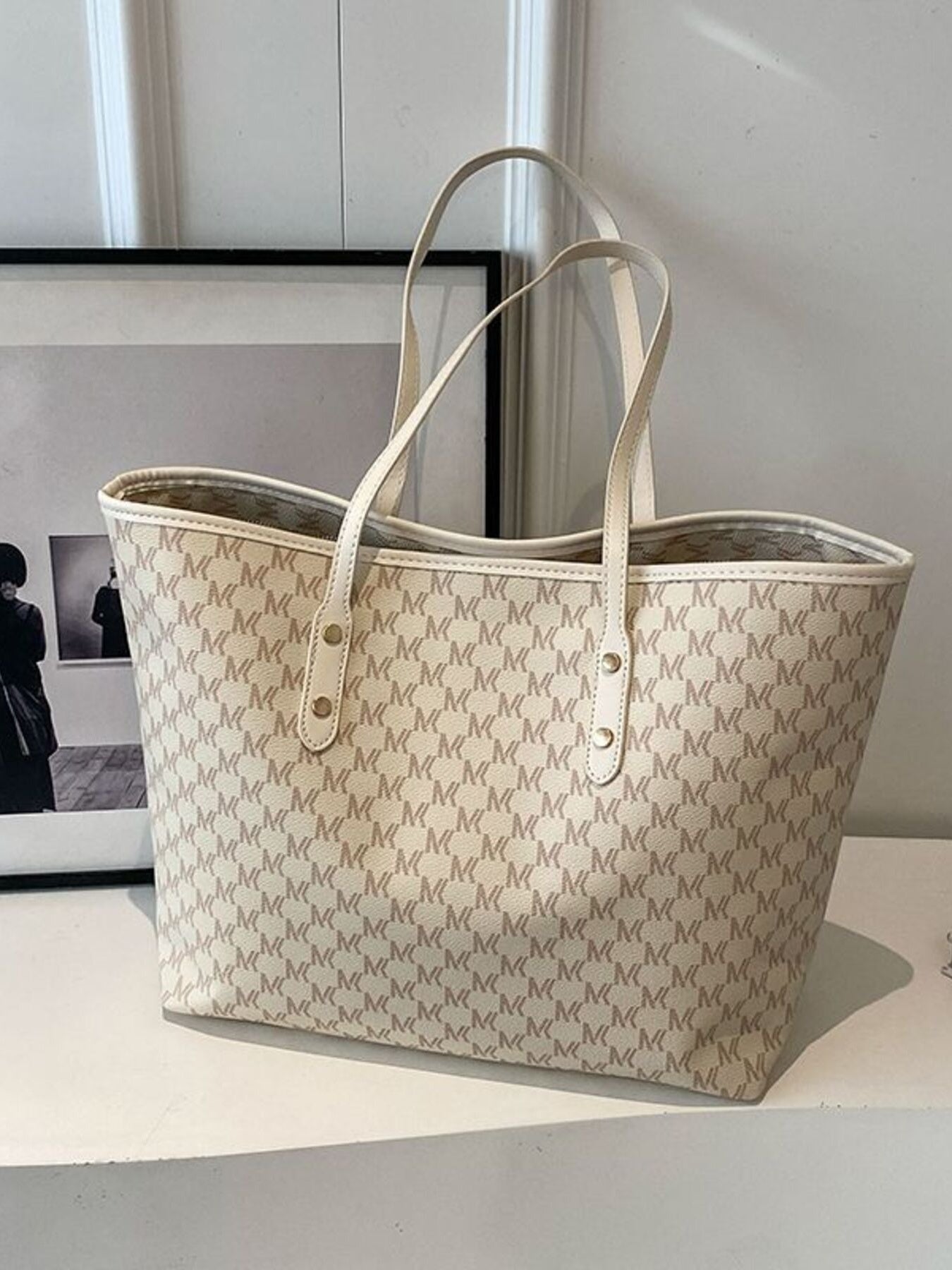Large capacity tote bag, beige monogram canvas, double handles, snap front straps