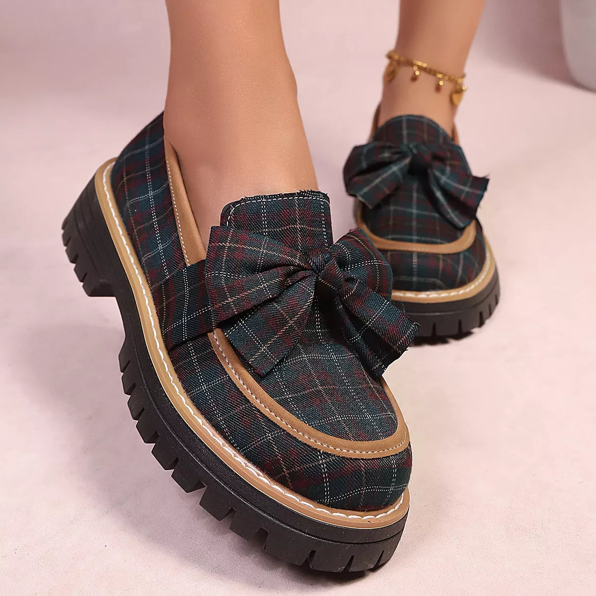 Plaid bow chunky loafers in sky blue with dark plaid bow and black lug sole