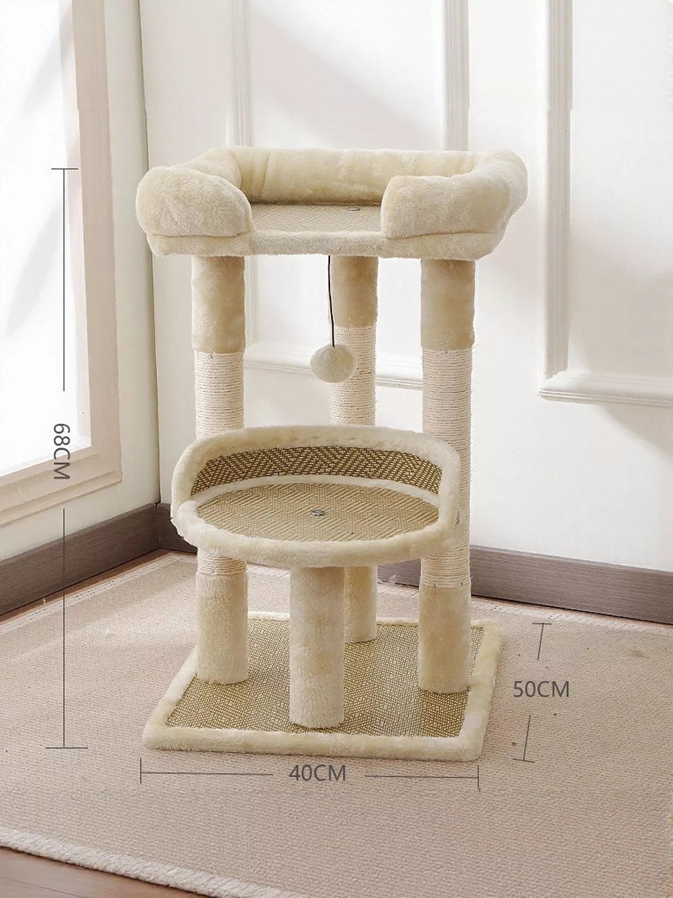 Cream plush cat tree condo with cushioned top bar, middle perch, and sisal floor platform