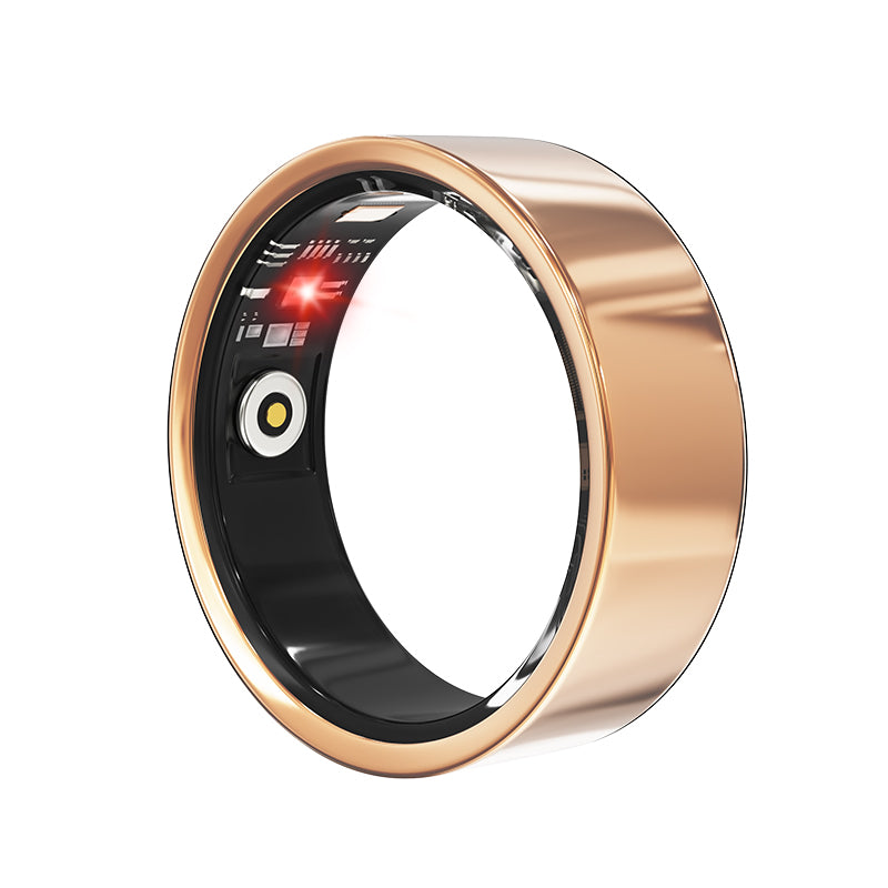 Gold smart ring with black inner band and glowing heart-rate sensor window