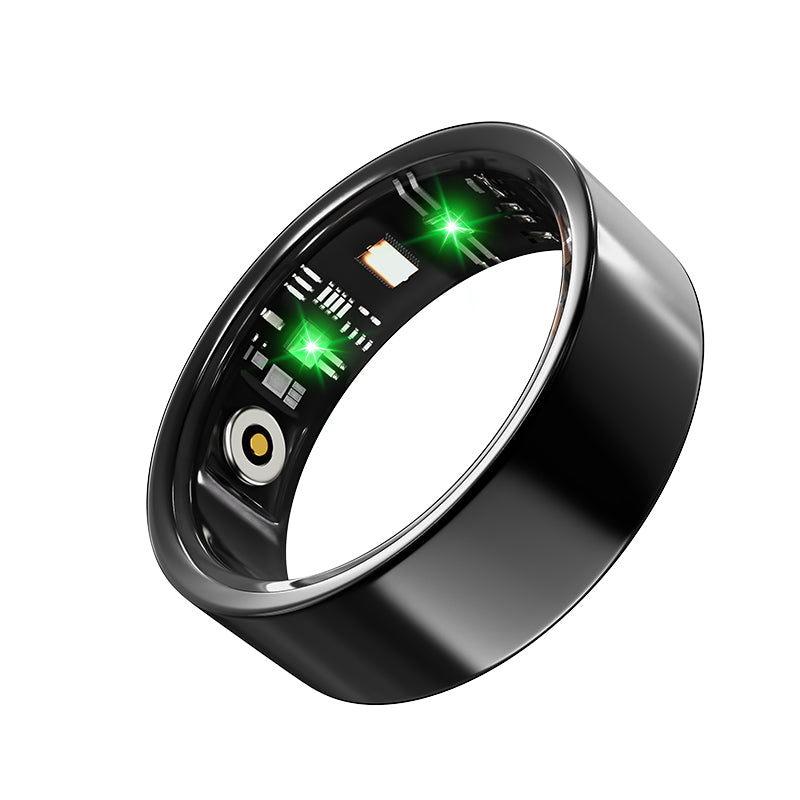 Black smart ring with glossy finish and green illuminated sensor window