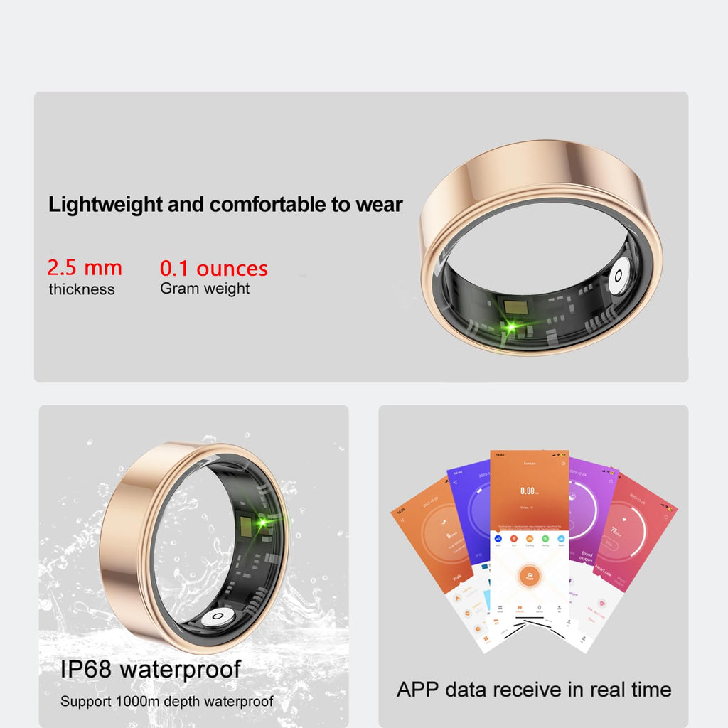 Gold smart ring on info panel highlighting lightweight, comfortable wear