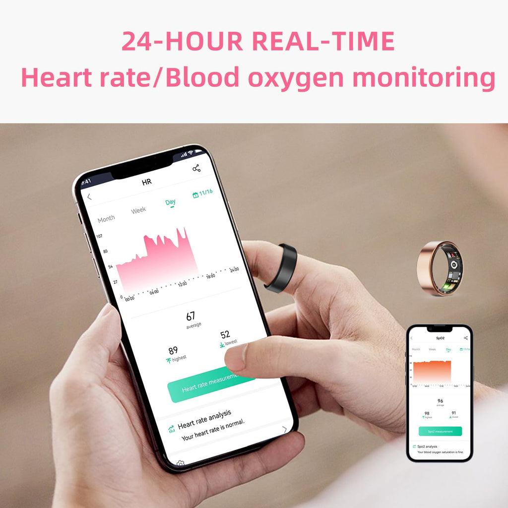Smart ring on finger while app shows heart-rate and blood-oxygen monitoring