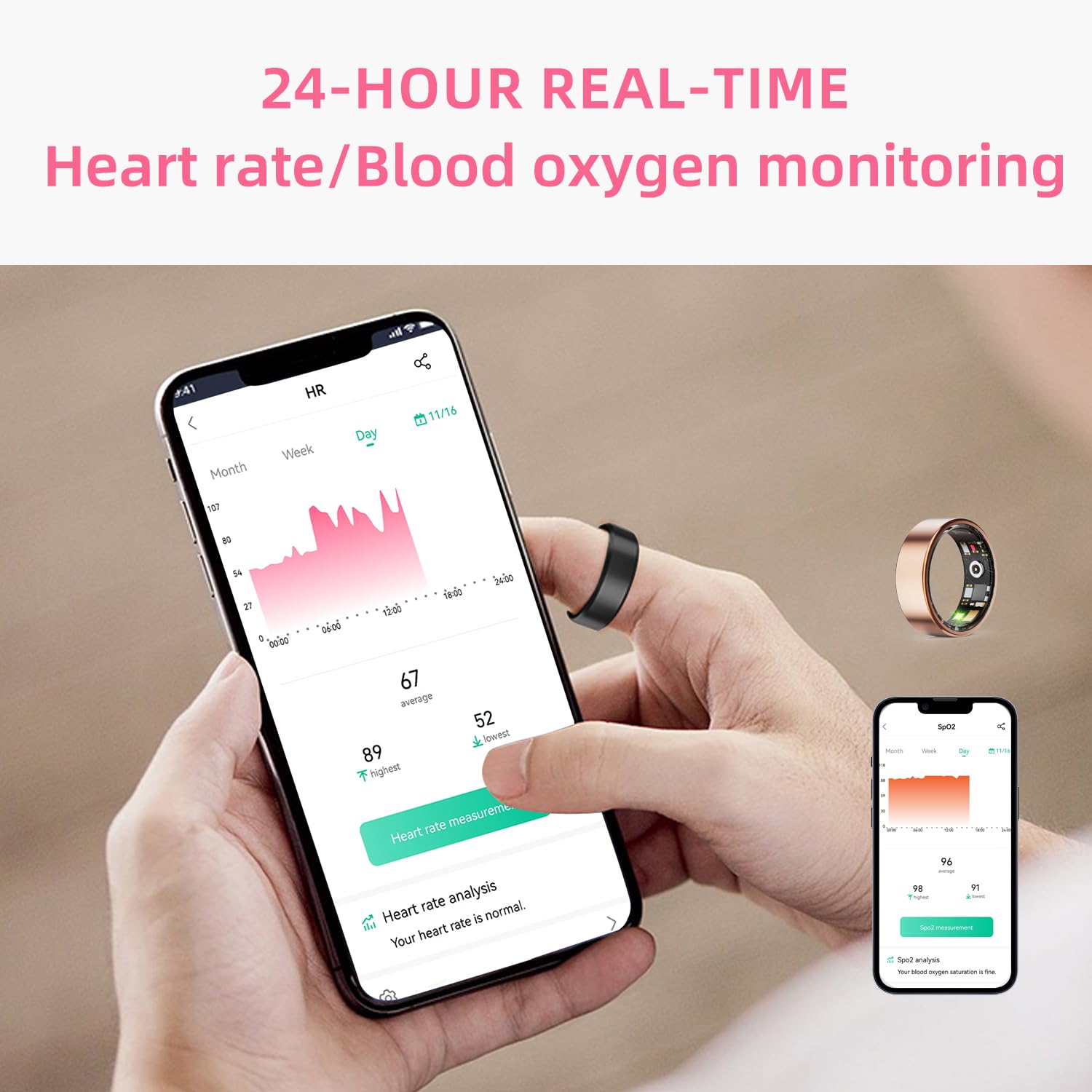 Smart ring on finger while app shows heart-rate and blood-oxygen monitoring
