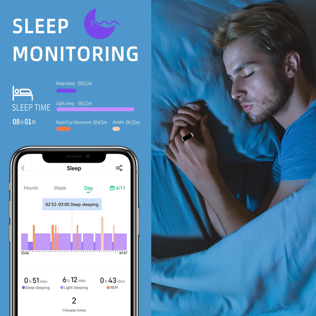 Smart ring worn on finger with sleep monitoring screen showing sleep stages