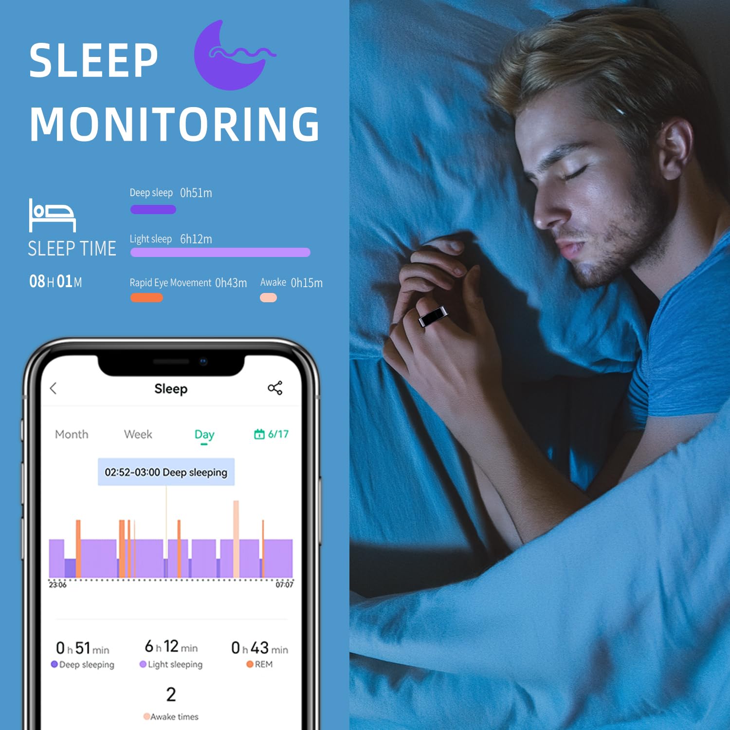 Smart ring worn on finger with sleep monitoring screen showing sleep stages