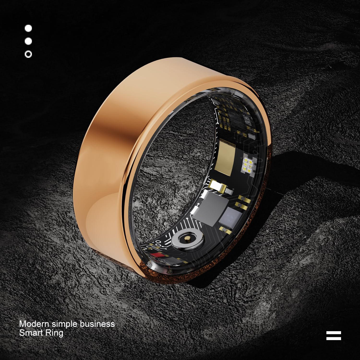 Gold smart ring interior electronics view with bright illuminated sensor