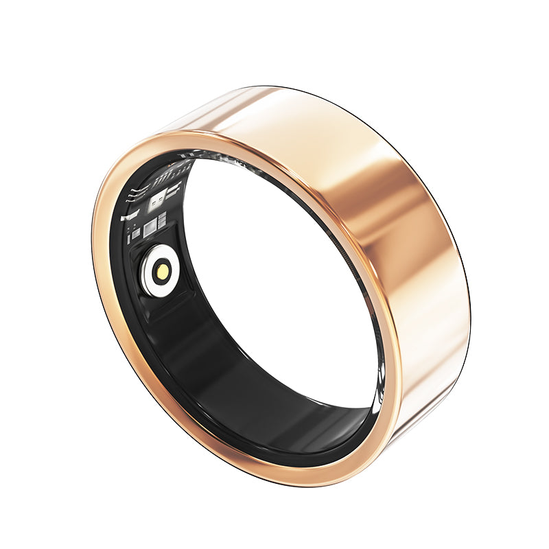Gold smart ring angled view with black inner panel and circular sensor