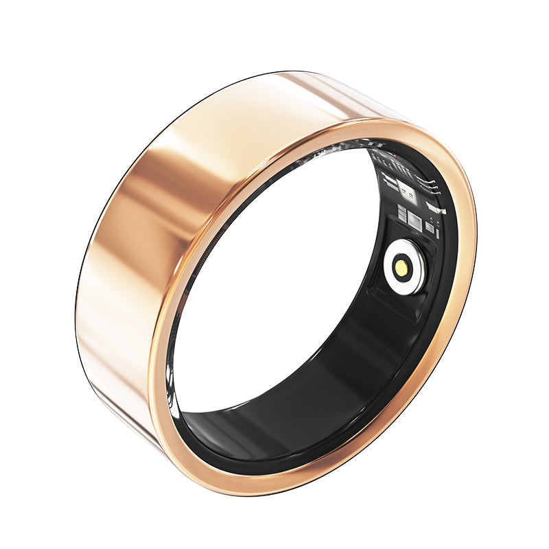 Gold smart ring side profile showing black display window and gold bezel
