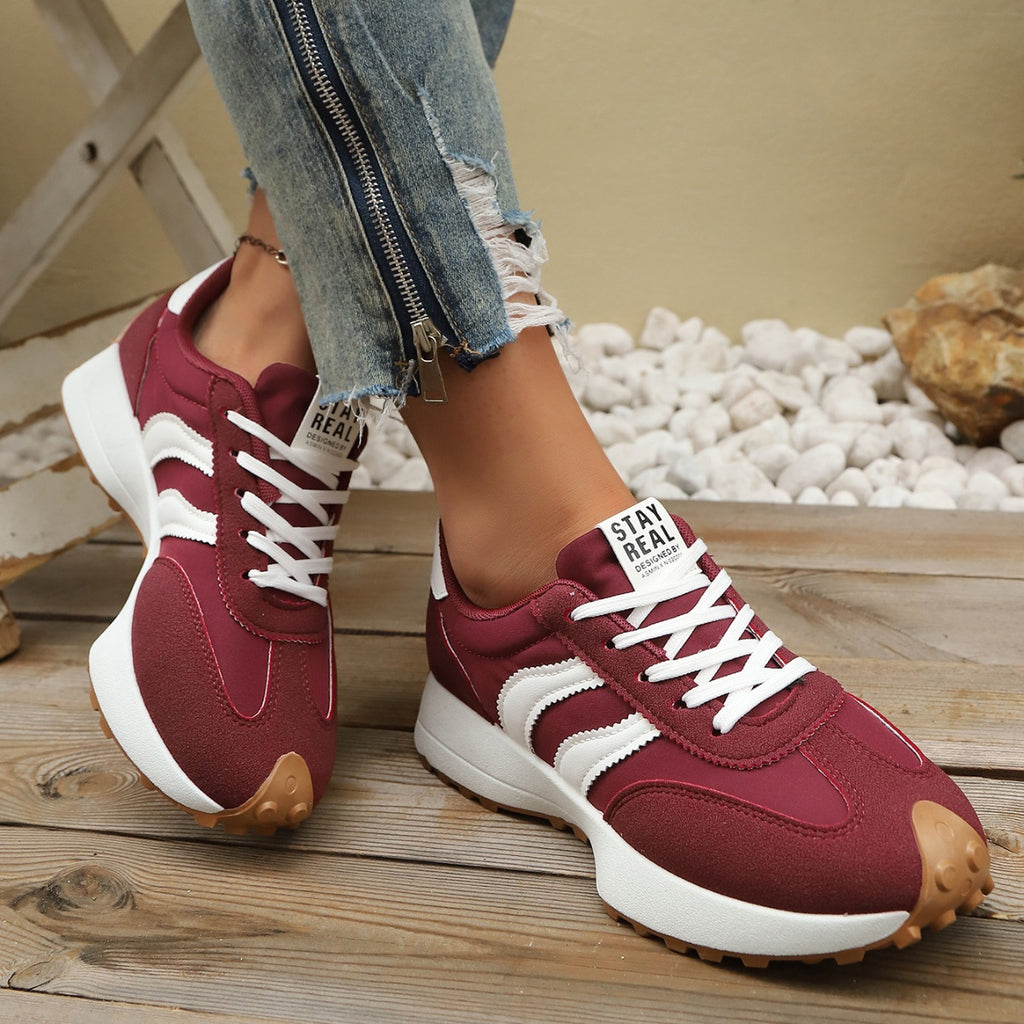Round toe lace-up sneakers, burgundy red with white laces and textured outsole