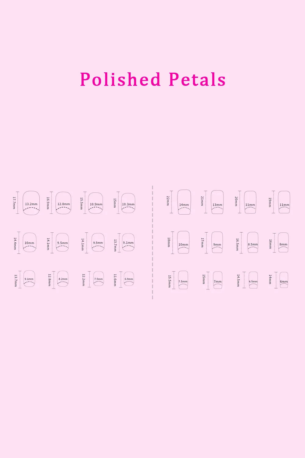 Polished Petals nail press sizing chart with multiple lengths and widths