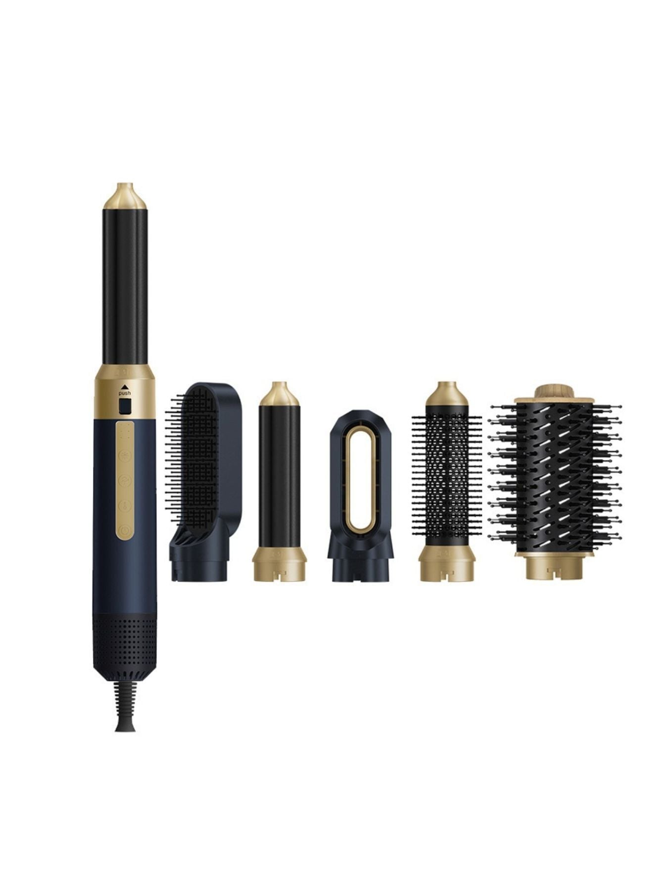 Navy 6-in-1 hot air brush kit with multiple brush heads and nozzle tools