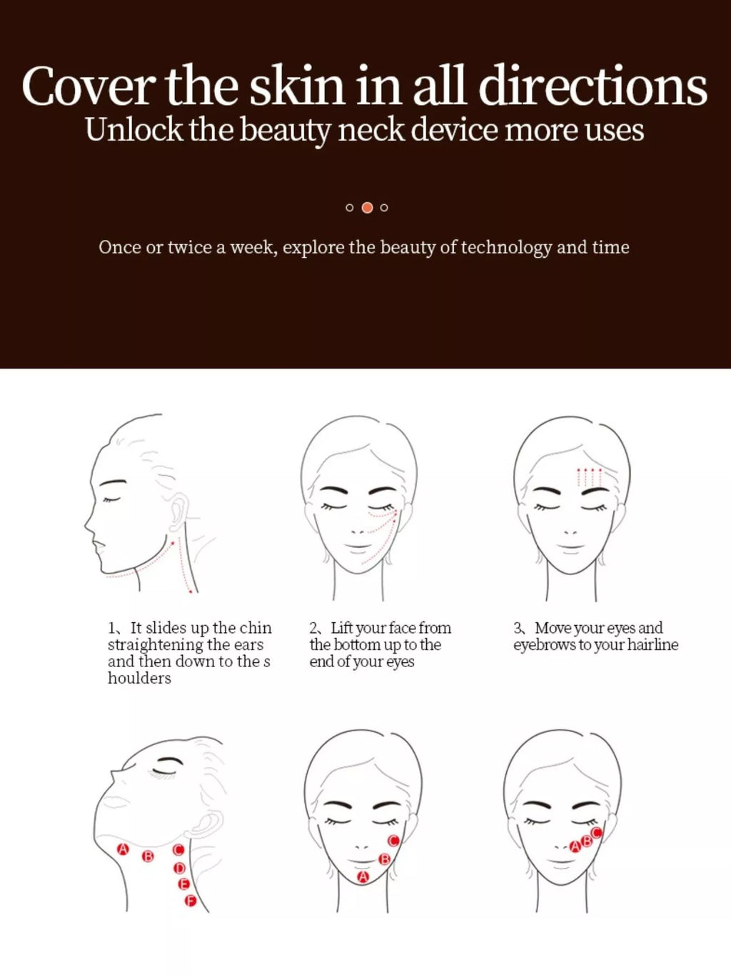 Neck massage guide illustration with directional lines and device-use icons