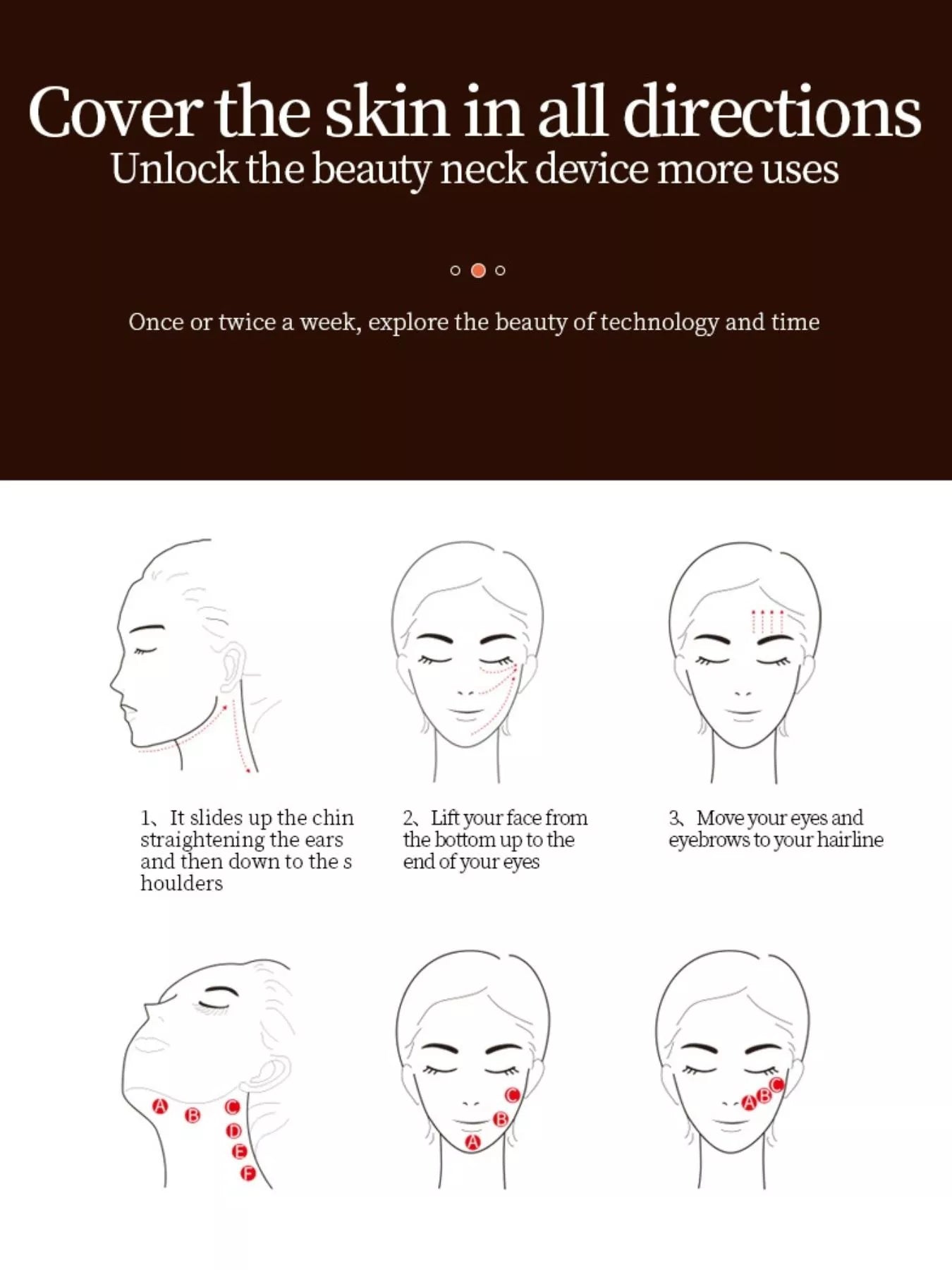 Neck massage guide illustration with directional lines and device-use icons