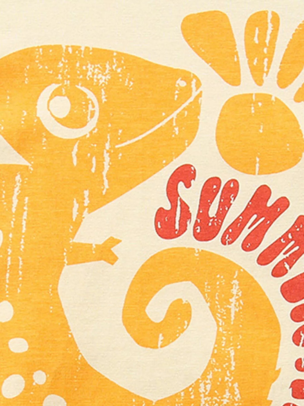 “Sunshine Days” sun-and-text graphic in orange and red on pastel yellow tee
