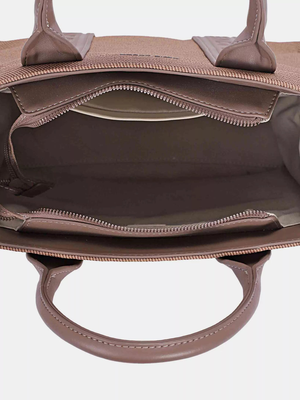 Open top David Jones tote interior with zip closure and contrast leather trim