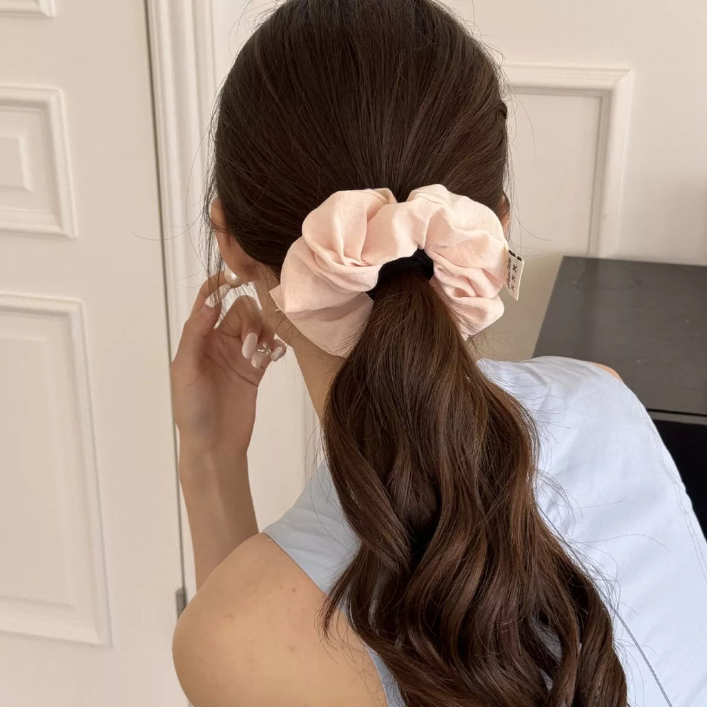 6-Piece Hair Scrunchie Set—light pink scrunchie with floral fabric