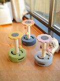 Cat scratching post with dangling balls—yellow, orange, green, and blue circular tops