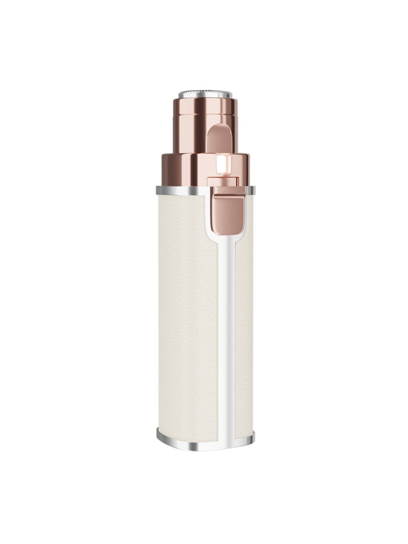 Portable eyebrow trimmer in beige with rose-gold trimming head