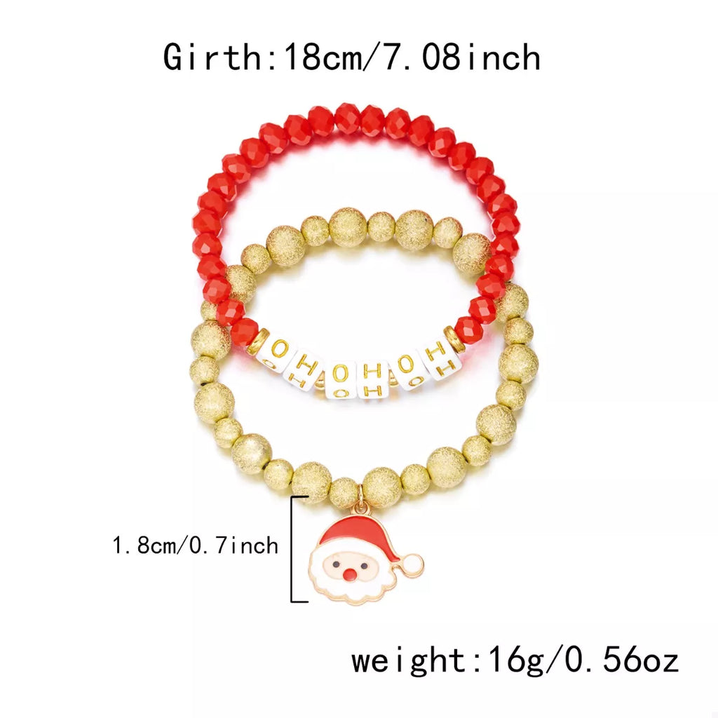 Red & gold beaded bracelet, 18cm length, HO HO HO beads with Santa face charm