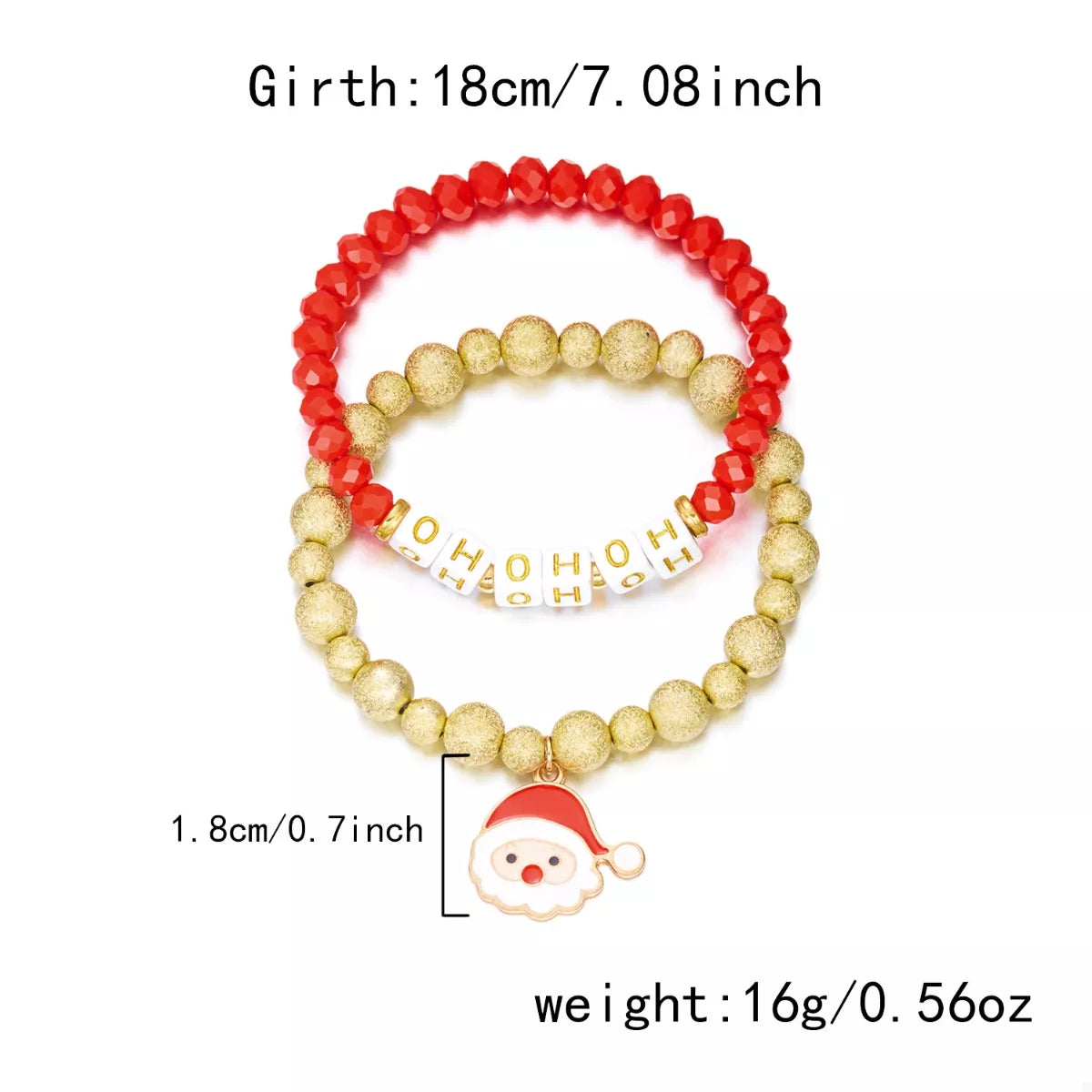 Red & gold beaded bracelet, 18cm length, HO HO HO beads with Santa face charm