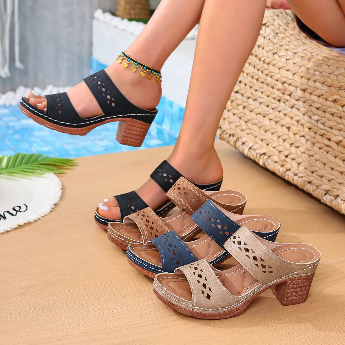 Open Toe Block Heel Sandals in black, perforated straps and cushioned sole
