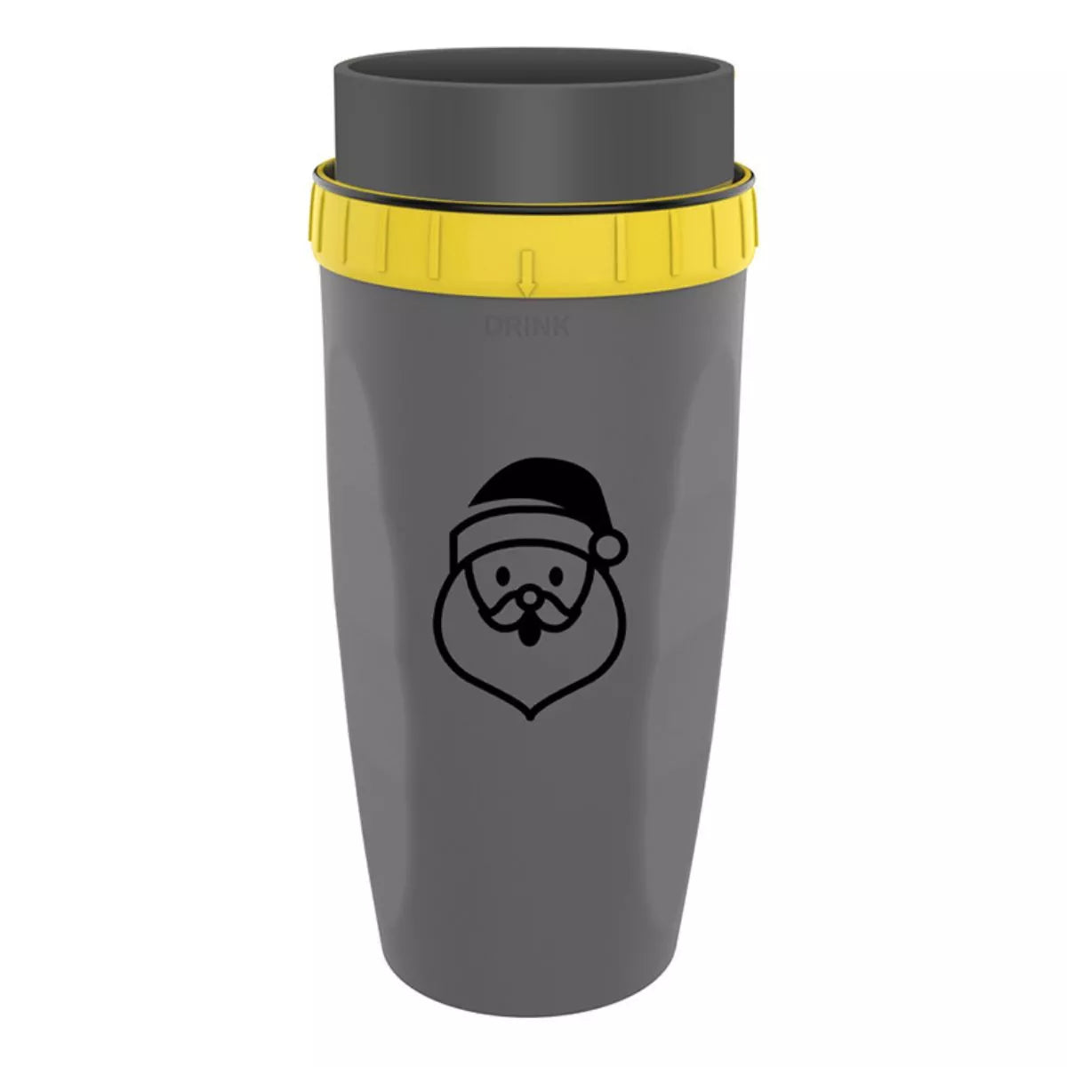 Gray tumbler kettle with Santa cartoon face, yellow strap flip-top straw lid