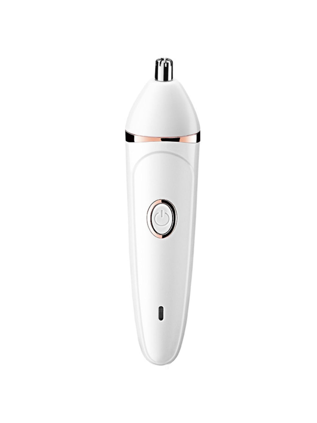 White epilator with metal-toned trimmer attachment and on/off button