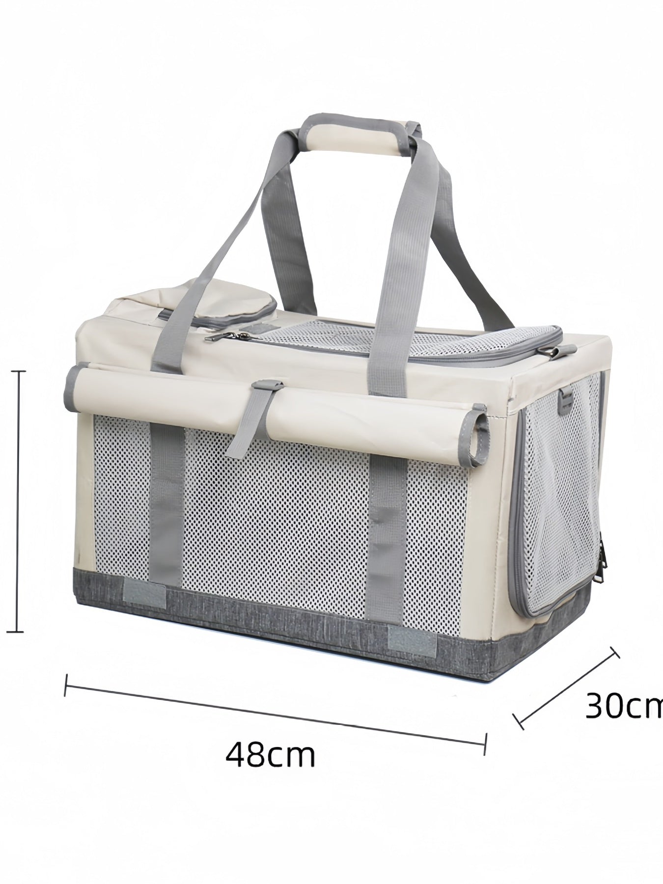 Gray pet carrier bag with dimensions shown, mesh panels, top handle, and shoulder straps.