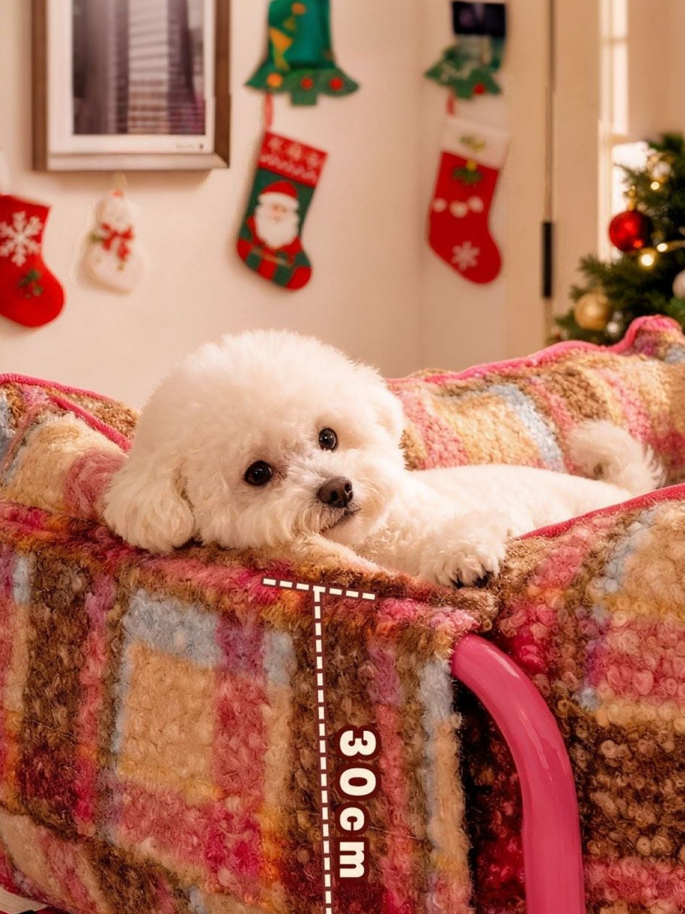 Plüsch-Pet-Sofa mit Karomuster, rosa Kante; Aufdruck „30cm“ am Maßband