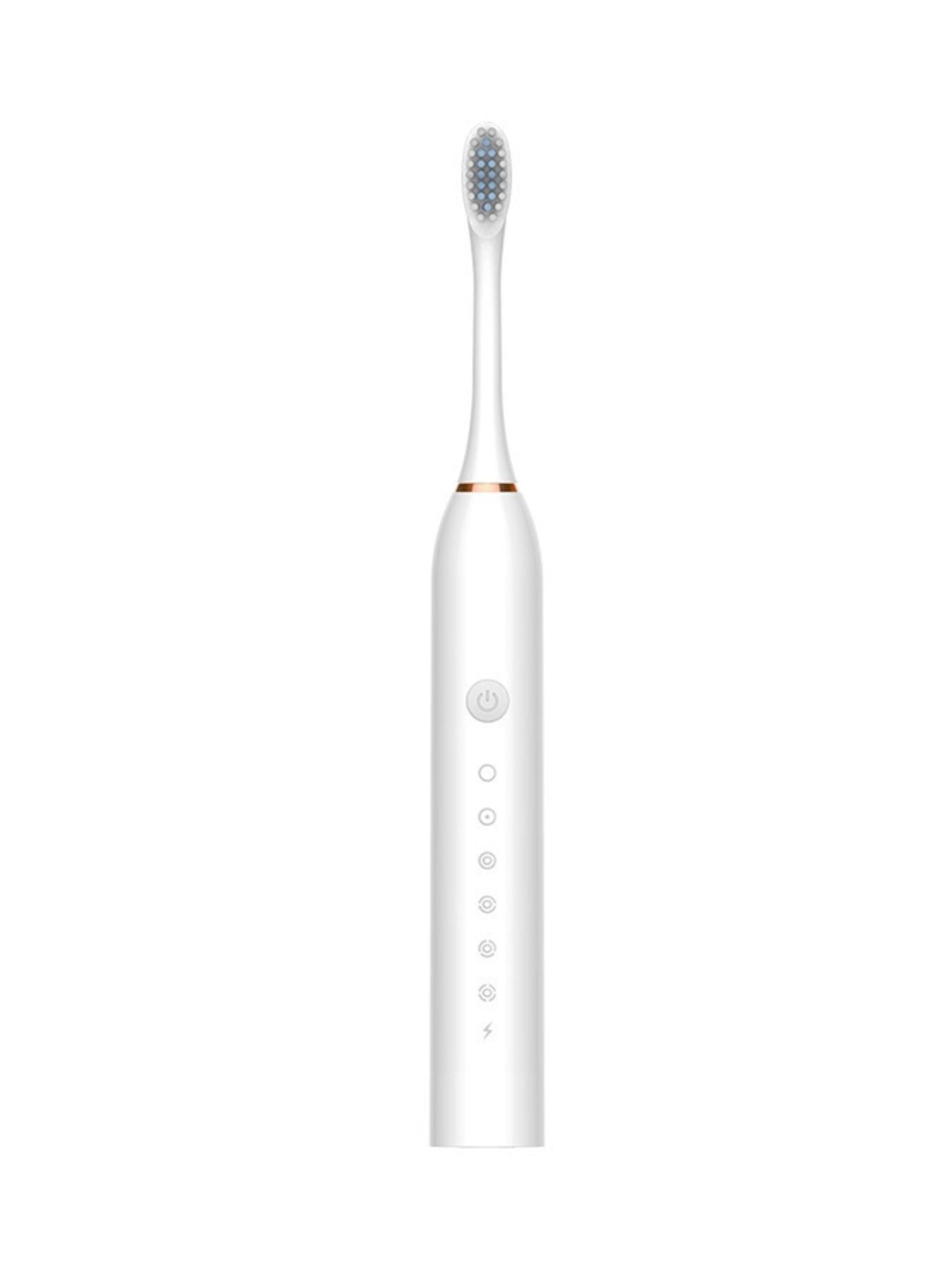 White electric toothbrush with rounded bristles and mode buttons