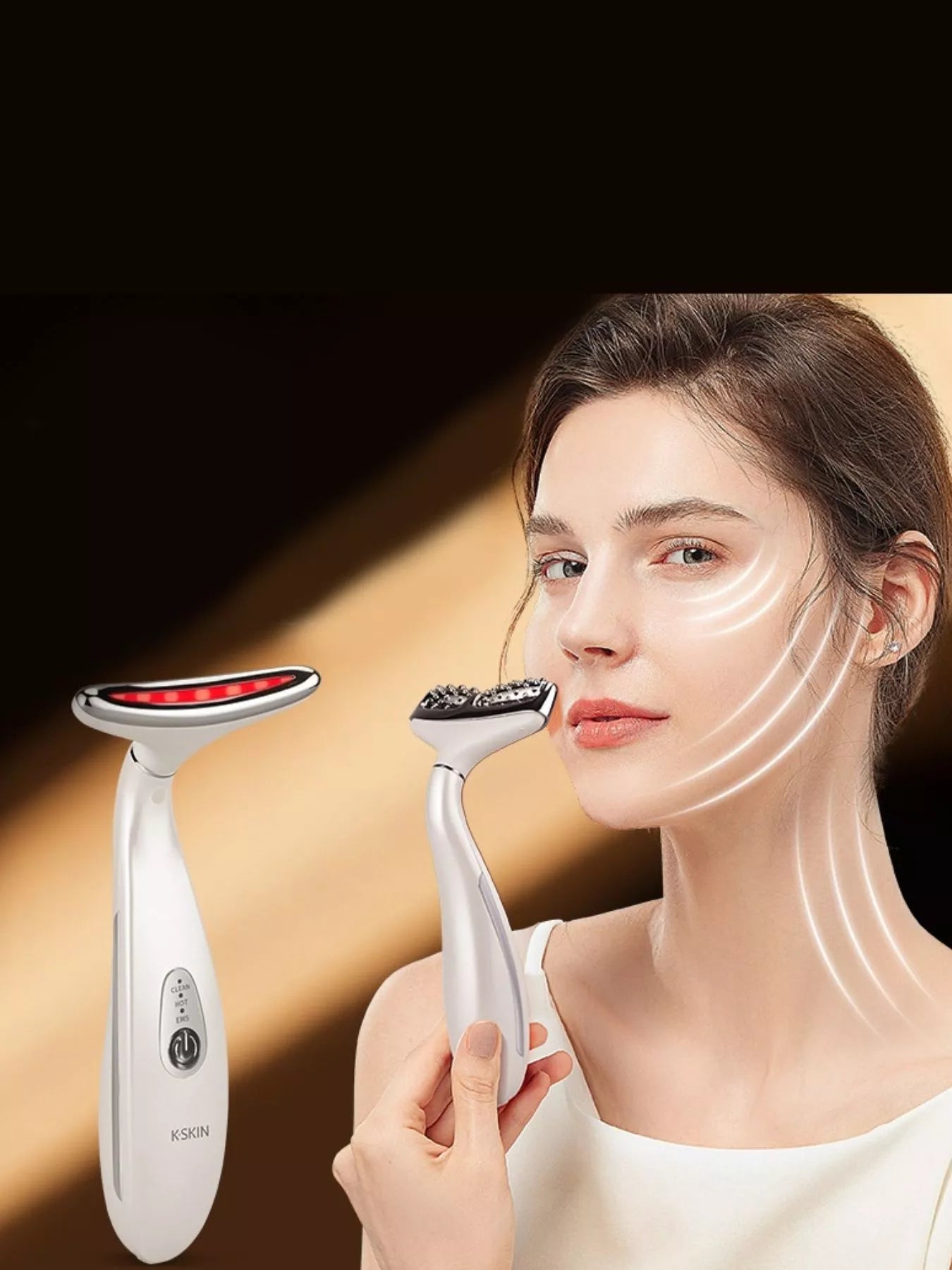 White facial and neck massager with red LED ring over cheek area