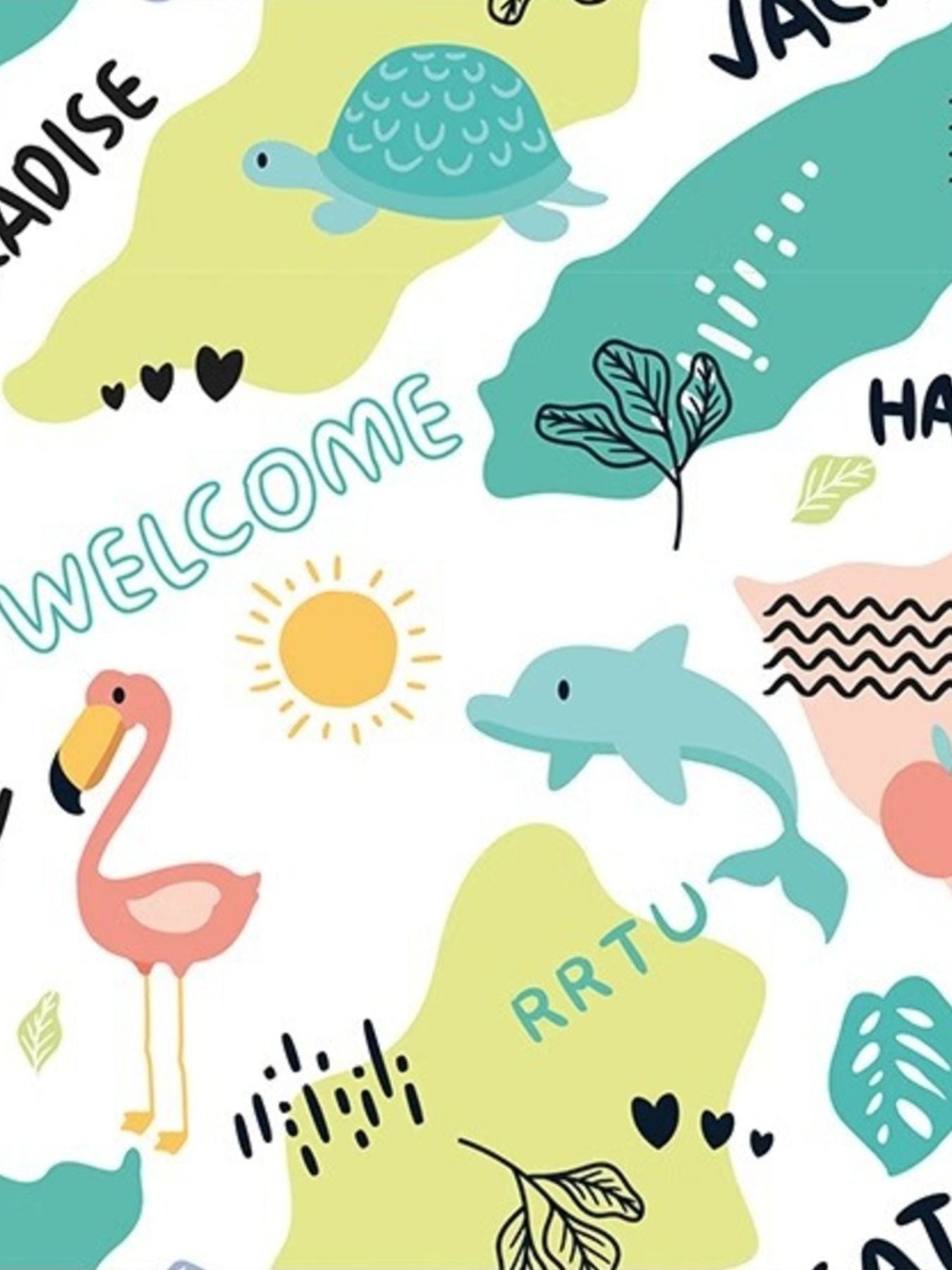 Cartoon pet bath towel fabric with sea creatures, waves, and “Welcome” greeting text