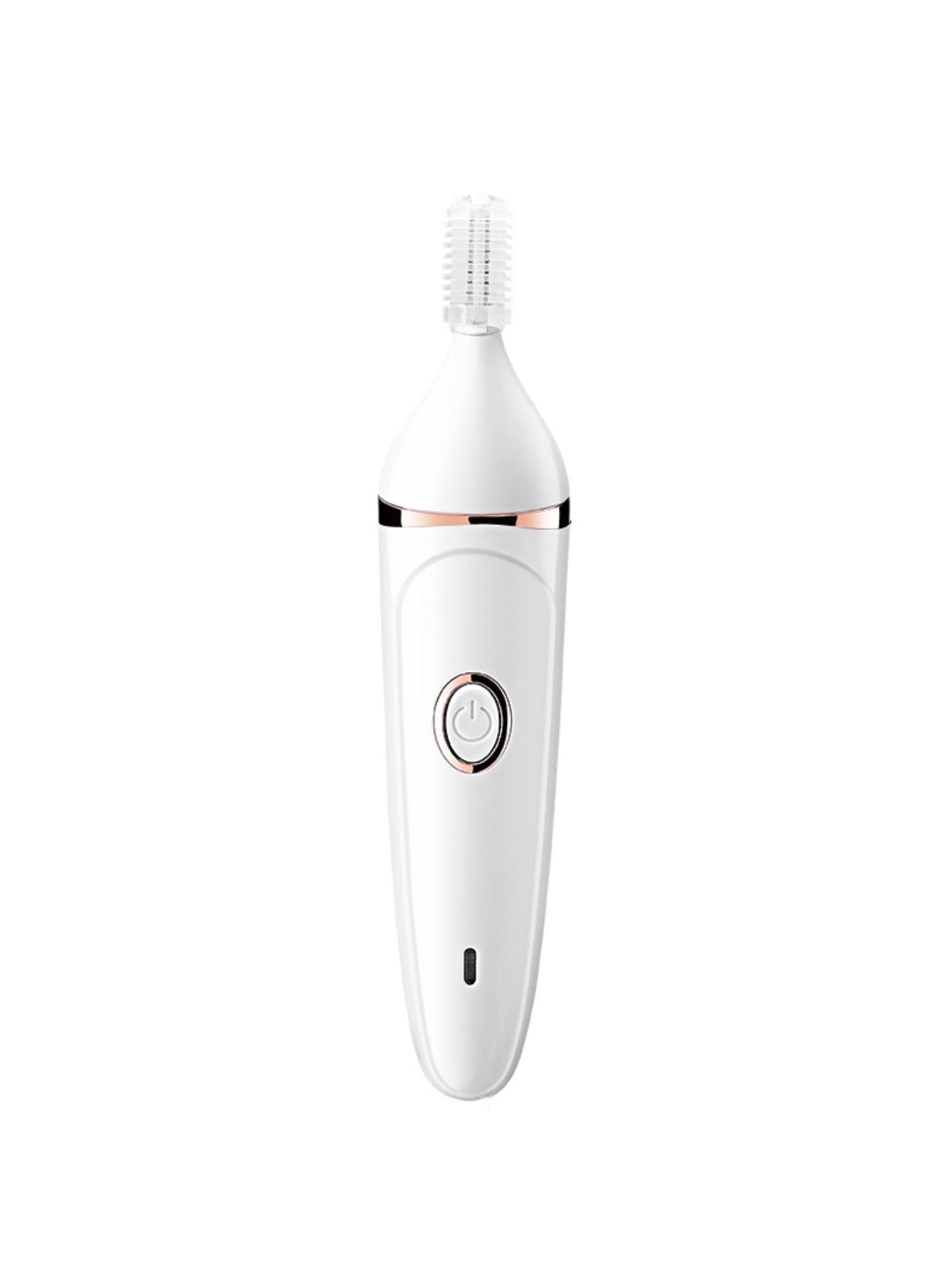 White epilator handle with power button and protective foil head