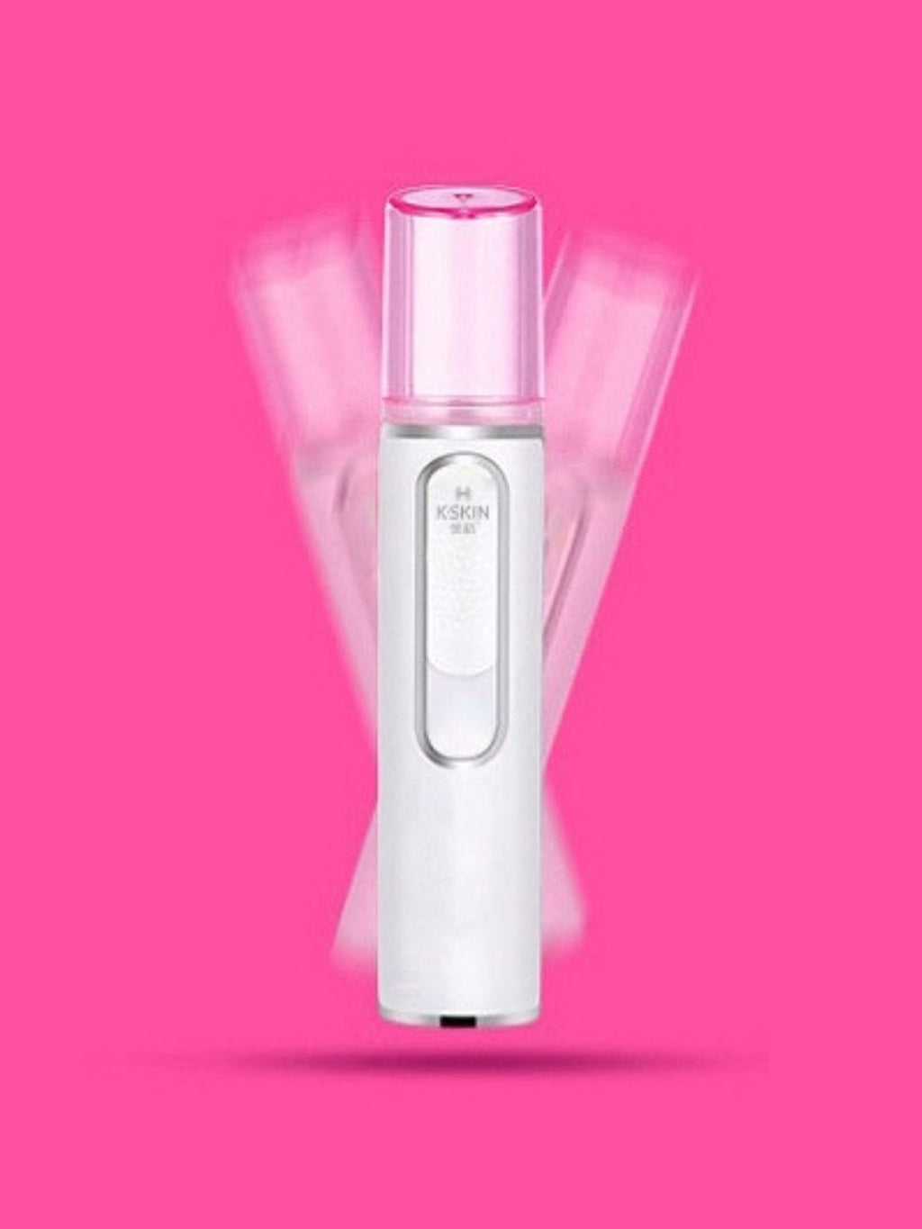 Portable facial mister nano sprayer in white with pink cap and mist glow effect
