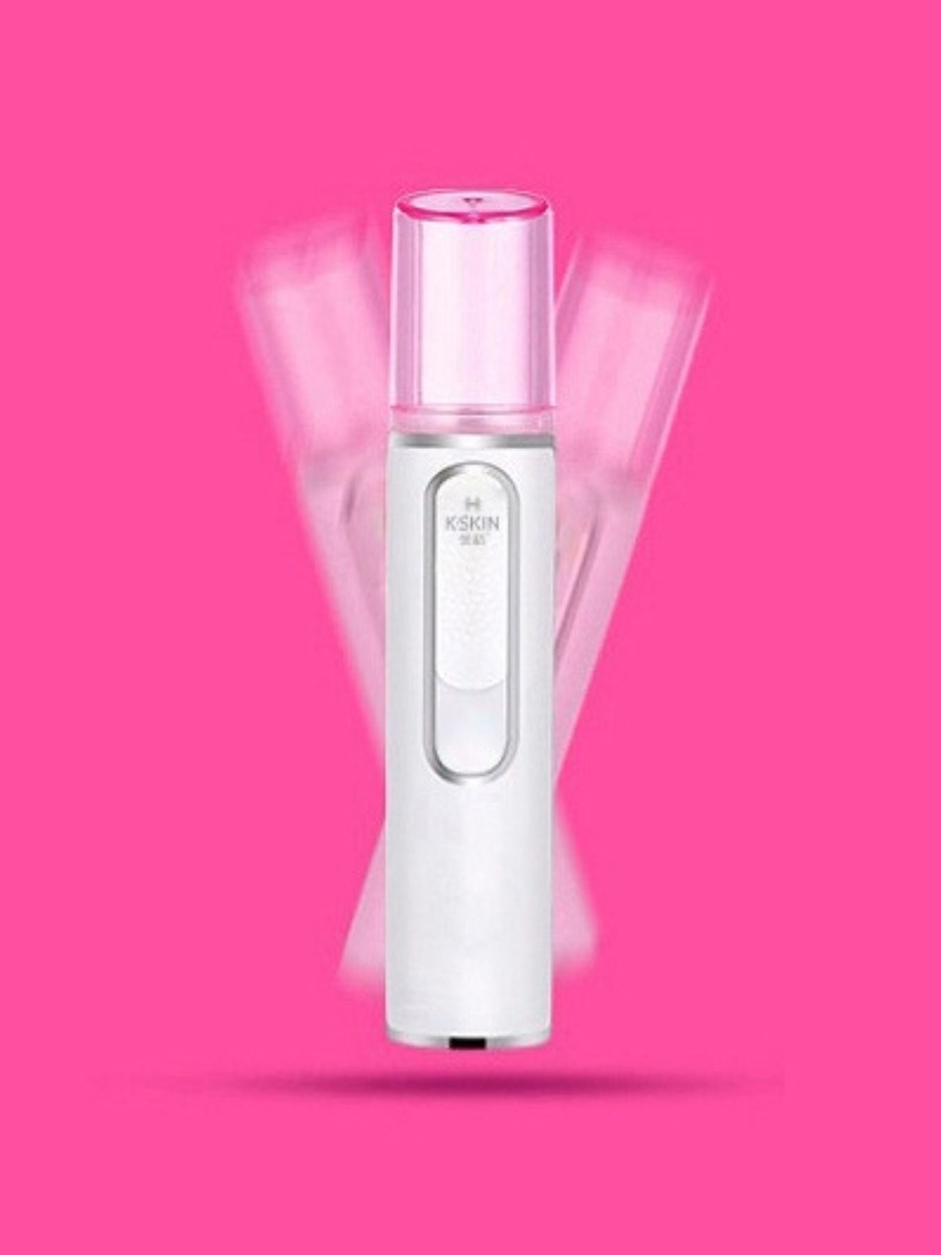 Portable facial mister nano sprayer in white with pink cap and mist glow effect