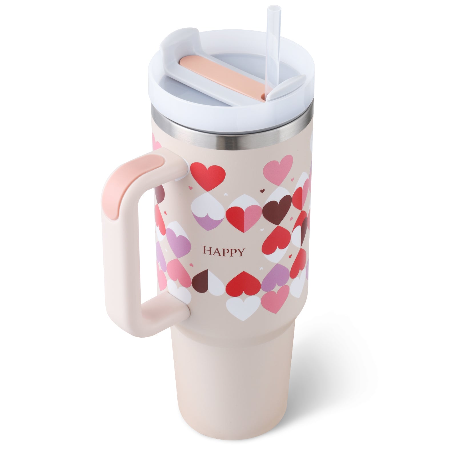 40 oz insulated tumbler with handle, straw & lid with heart pattern